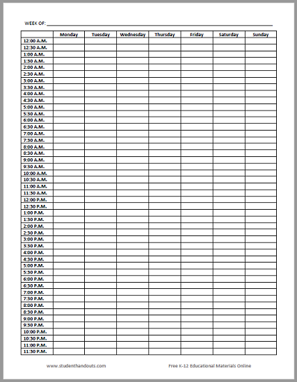 Weekly Calendar With 24 Hour Time Slots