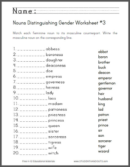 Students Are Asked To Match Twenty Feminine Nouns To Their Masculine 