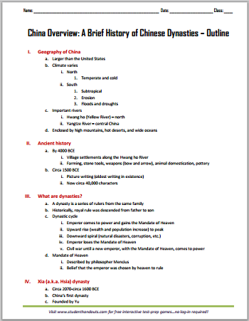pdf of History Overview: China geography  Chinese  Dynasties Brief A worksheet  Printable china