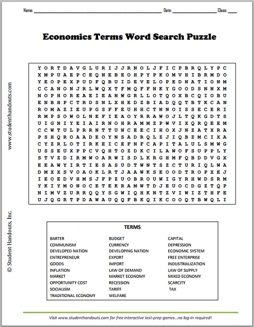 Economics Terms Word Search Puzzle | Student Handouts