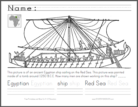 Ancient Egyptian Ship Coloring and Handwriting Worksheet - Free to print (PDF file).
