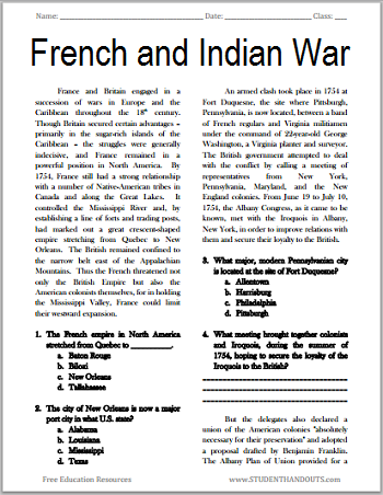 The French and Indian War - Free PDF printable reading with questions for high school United States History students.