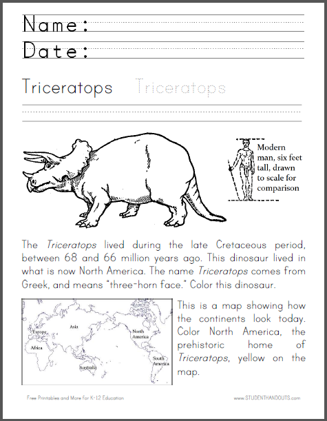 Triceratops Facts Worksheet with Map and Coloring Page - Free to print (PDF file).