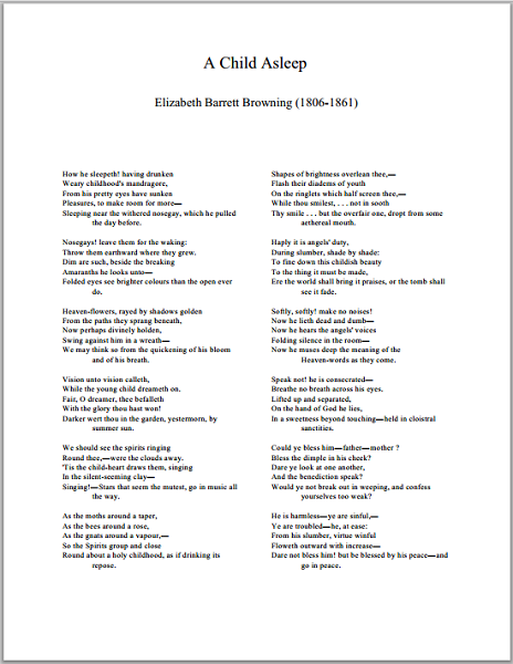 A Child Asleep by Elizabeth Barrett Browning (1806-1861). Free to print (PDF file).