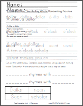 "A Diller, a Dollar" nursery rhyme worksheets. Free to print (PDF files).