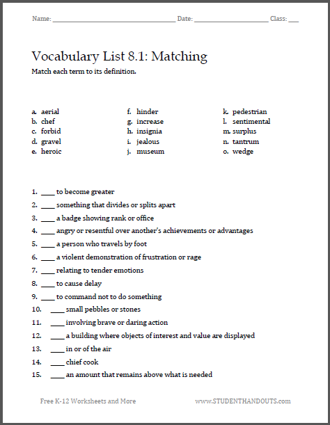 Vocabulary List 8.1: Matching Worksheet - Free to print (PDF file) for grade eight ELA: English Language Arts.