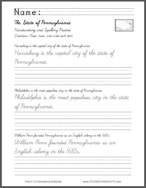 Pennsylvania Handwriting Practice Worksheets - PDFs are free to print in cursive script or print manuscript.