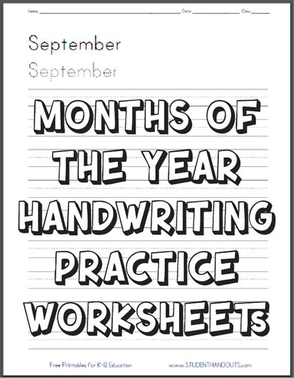 Months of the Year Handwriting Practice Worksheets - Print or cursive. Free printable PDF files.