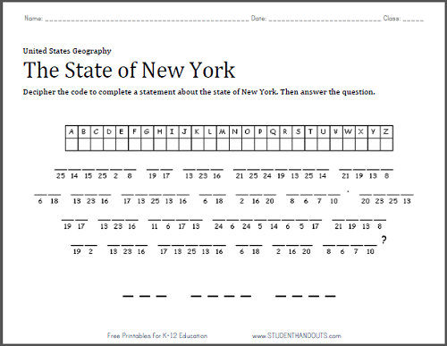 New York: Decipher-the-Code Cryptogram Worksheet - Free to print (PDF file) for grades four and up.