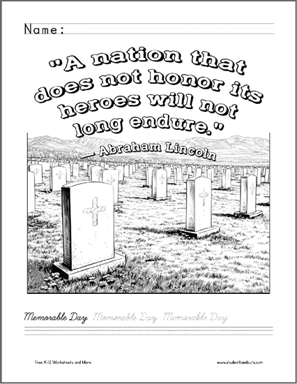 Memorial Day Coloring Page for Kids - Free to print (PDF file). Includes print and cursive handwriting practice.