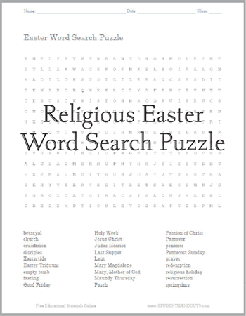 Easter Word Search Puzzles - Free to print (PDF files). Religious-themed and general lists of Easter terms for kids in grades four and up.
