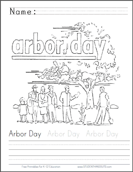 Arbor Day Banner Coloring Page with Handwriting Practice - Free to print (PDF file).