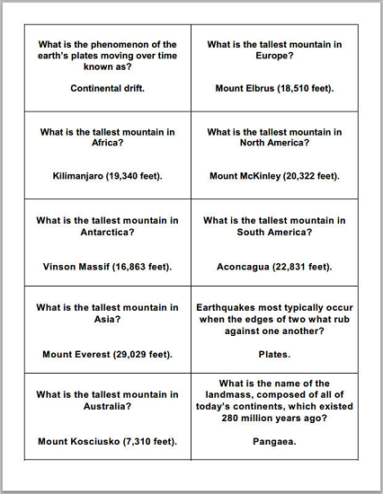 Earth Science and Topography Printable Flashcards - PDF files. Great for use with our free printable game boards.