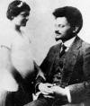 Russian revolutionary Leon Trotsky photographed in France in 1915 with his daughter Nina (later Nina Nevelson). Trotsky was married twice, in 1899 and in 1903. With his first wife, Aleksandra Lvovna Sokolovskaya (1872-circa 1938), he had two daughters, Zinaida Volkova (1901-1933) and Nina Nevelson (1902-1928). With his second wife, Natalia Sedova (1882-1962), he had two sons, Lev Sedov (1906-1938) and Sergei Sedov (1908-1937). Leon Trotsky with Daughter Nina in 1915