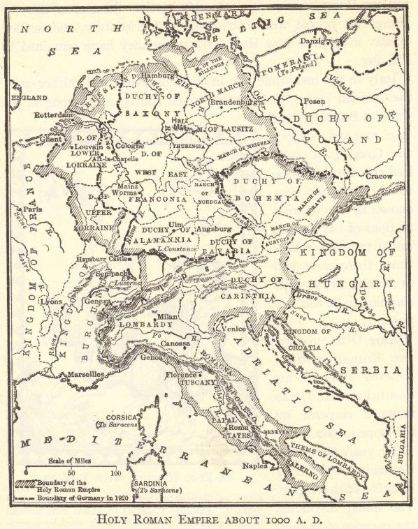 This map illustrates the Holy Roman Empire as it appeared around the year 1000 C.E.