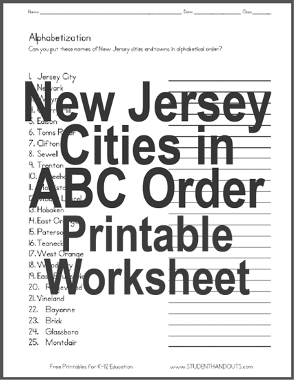 New Jersey Cities ABC Alphabetical Order ELA English Free Printable Worksheet for Kids