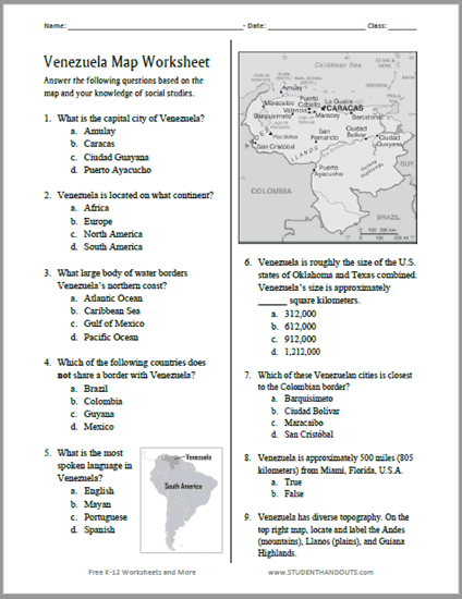 Venezuela Map Worksheet - Free to print (PDF file). Includes printable answer key. For World Geography students in grades 7-12.