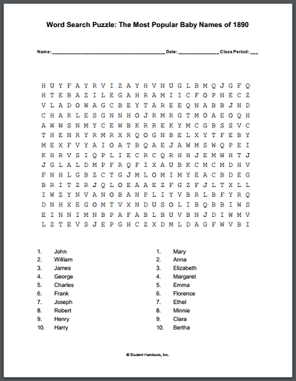 Most Popular Baby Names of 1890 Word Search Puzzle - Free to print (PDF file).