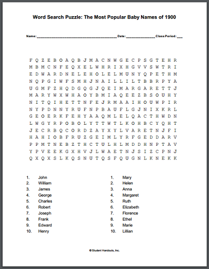 Most Popular Baby Names of 1900 Word Search Puzzle - Free to print (PDF file).