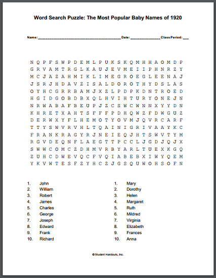 Most Popular Baby Names of 1920 Word Search Puzzle - Free to print (PDF file).