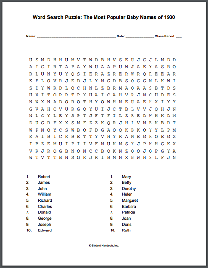 Most Popular Baby Names of 1930 Word Search Puzzle - Free to print (PDF file).