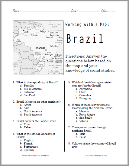 Brazil Map Worksheet - Free to print (PDF file) for World Geography students in grades seven through twelve.