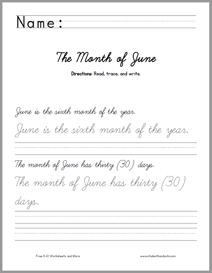 June Sentences Handwriting Practice Worksheet - Free to print (PDF file).