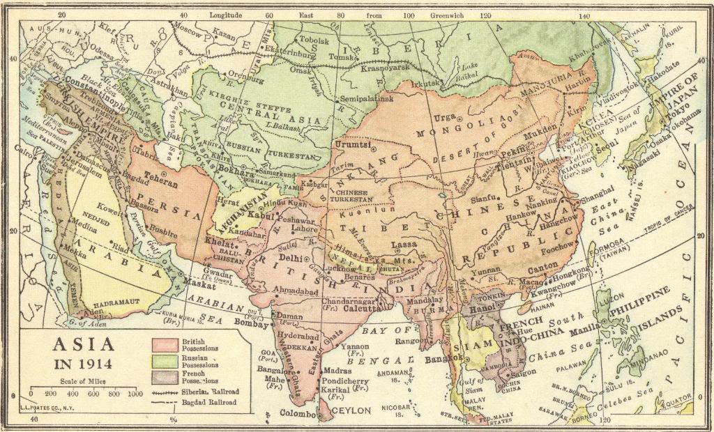 Imperialism in Asia. Map of European, American, and Japanese colonial possessions in Asia at the start of World War I in 1914. Spheres of influence.