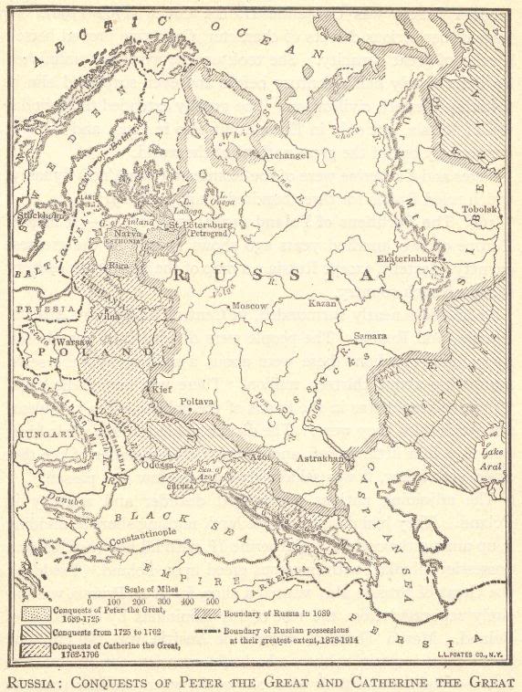 Map of Russian Conquests Under Peter the Great and Catherine the Great