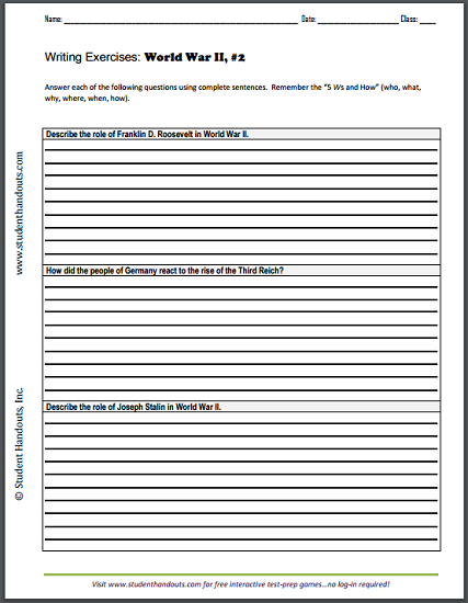 World War II Writing Exercises Sheet #2 - Free printable (PDF).