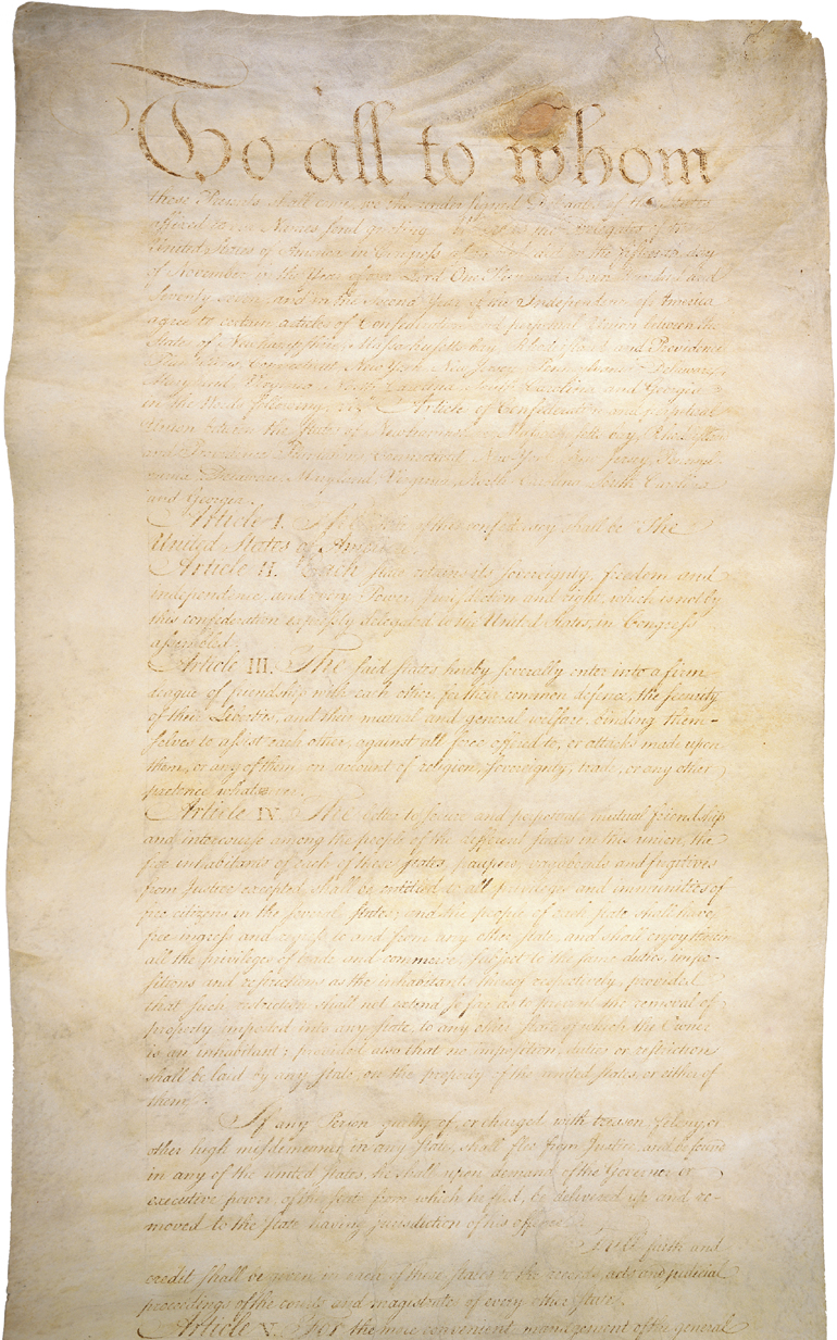 Articles of Confederation, 1781.  The Articles of Confederation provided for a loose and weak union between the former American colonies. The Articles were in effect until the United States Constitution was adopted in 1789.