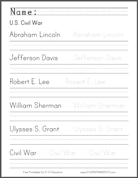 Leaders of the U.S. Civil War (1861-1865) Handwriting Practice Worksheet - Free to print (PDF file).