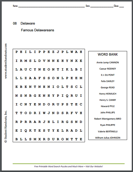 Famous Delawareans Word Search Puzzle - Free to print (PDF file). Students search for the names of famous Delaware natives.
