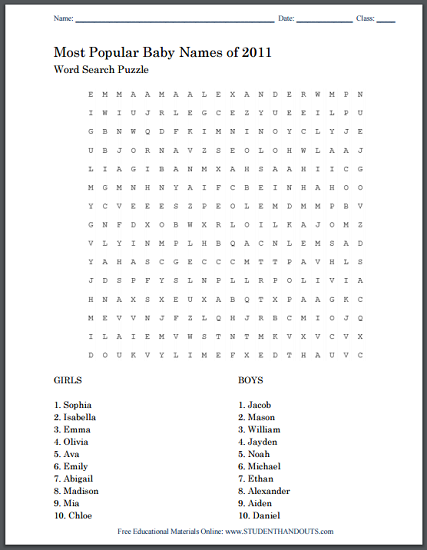Most Popular U.S. Baby Names of 2011 Word Search Puzzle - Free to print (PDF file).