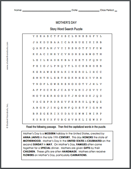 Mother's Day Story Word Search Puzzle - Free to print (PDF file) for grades four and up.