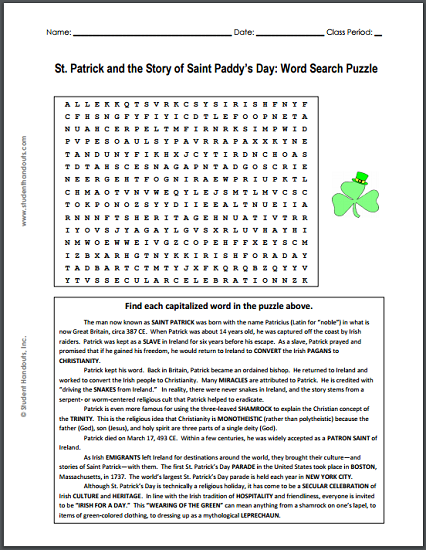 St. Patrick and the Story of Saint Paddy's Day - Free Printable Story Word Search Puzzle - PDF File