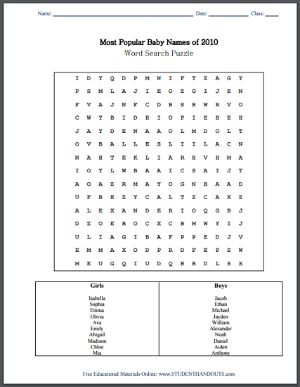 Most Popular Baby Names of 2010 Word Search Puzzle - Free to print (PDF file).