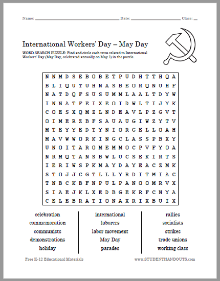 International Workers' Day (May Day) Word Search Puzzle - Free to print (PDF file).