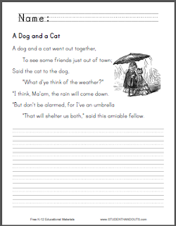 "A Dog and a Cat" Nursery Rhyme Worksheets - Free to print (PDF files).