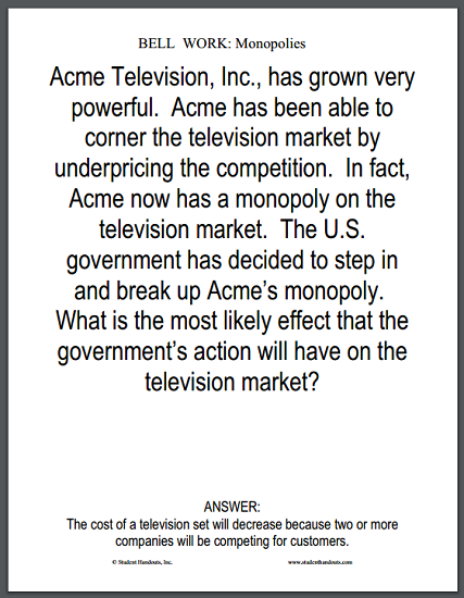 Monopolies Bell Work Question - Free to print (PDF file).