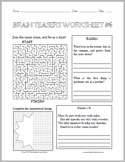 Brain Teasers Worksheet #6 - Free to print (PDF file). For grades 4-6.