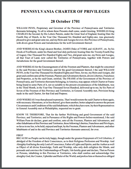 Pennsylvania Charter of Privileges (1701) - Free to print historical document (PDF file).