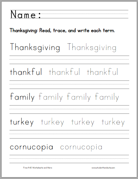 Thanksgiving Print Manuscript Handwriting Practice Printable - Free to print (PDF file).