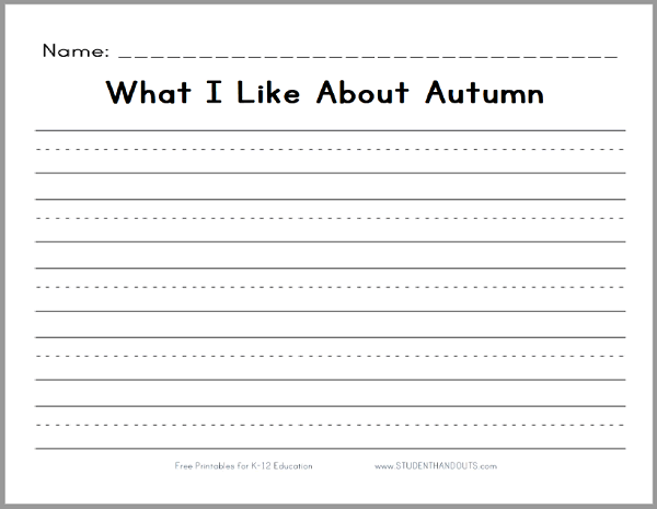What I Like About Autumn - Free printable lined writing prompt for lower elementary education. PDF file.