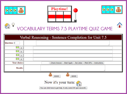 Sentence completion for Unit 7.5 Playtime Quiz Game