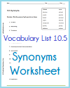 Vocabulary List 10.5 Synonyms Worksheet Vocabulary List 10.5 Synonyms Worksheet