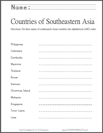 Countries of SE Asia ABC Order Worksheet - Free to print (PDF file). Students alphabetize the country names.