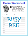 Busy Bee Poem Worksheet for Kids Busy Bee Poem Worksheet for Kids