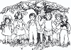 Children gathered in front of a tree.