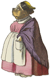funny plump dog matron wearing a pink dress and purple shawl